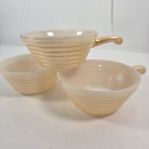 Vintage Fire King Peach Luster Set Of 3 Ovenware Beehive Soup Bowls With Handles